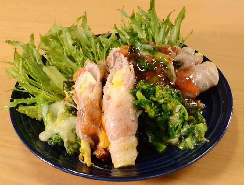 たけのこ豚バラ巻き梅ソースがけ