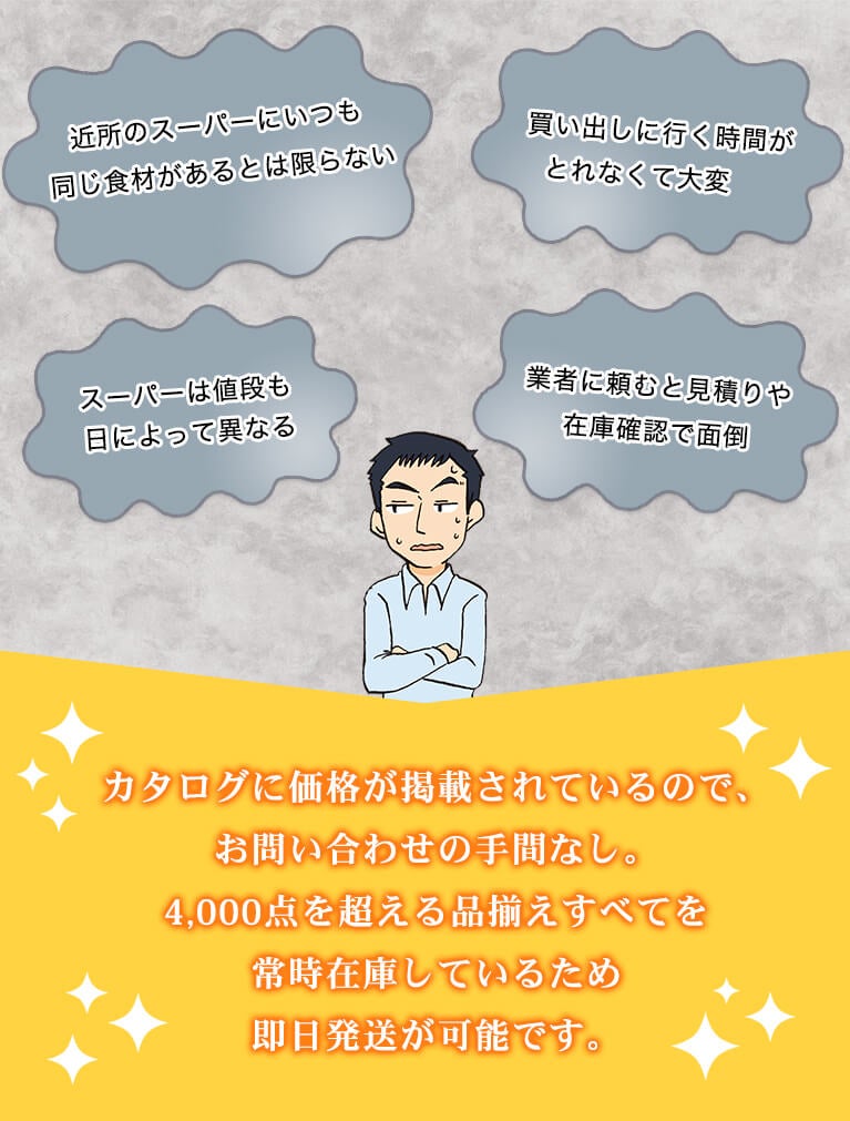 近所のスーパーにいつも同じ食材があるとは限らない 買い出しに行く時間がとれなくて大変 スーパーは値段も日によって異なる 業者に頼むと見積りや在庫確認で面倒 カタログに価格が掲載されているので、お問い合わせの手間なし。4,000点を超える品揃えすべてを常時在庫しているため即日発送が可能です。