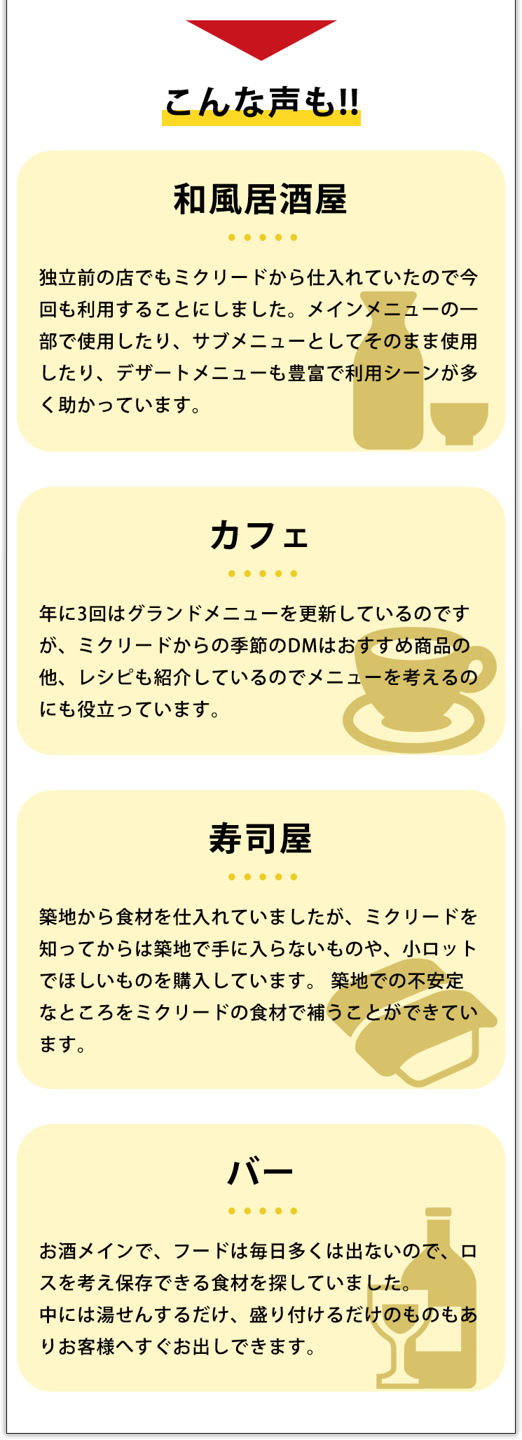 こんな声も!! 和風居酒屋 独立前の店でもミクリードから仕入れていたので今回も利用することにしました。メインメニューの一部で使用したり、サブメニューとしてそのまま使用したり、デザートメニューも豊富で利用シーンが多く助かっています。 カフェ 年に3回はグランドメニューを更新しているのですが、ミクリードからの季節のDMはおすすめ商品の他、レシピも紹介しているのでメニューを考えるのにも役立っています。 寿司屋 築地から食材を仕入れていましたが、ミクリードを知ってからは築地で手に入らないものや、小ロットでほしいものを購入しています。 築地での不安定なところをミクリードの食材で補うことができています。 バー お酒メインで、フードは毎日多くは出ないので、ロスを考え保存できる食材を探していました。中には湯せんするだけ、盛り付けるだけのものもありお客様へすぐお出しできます。